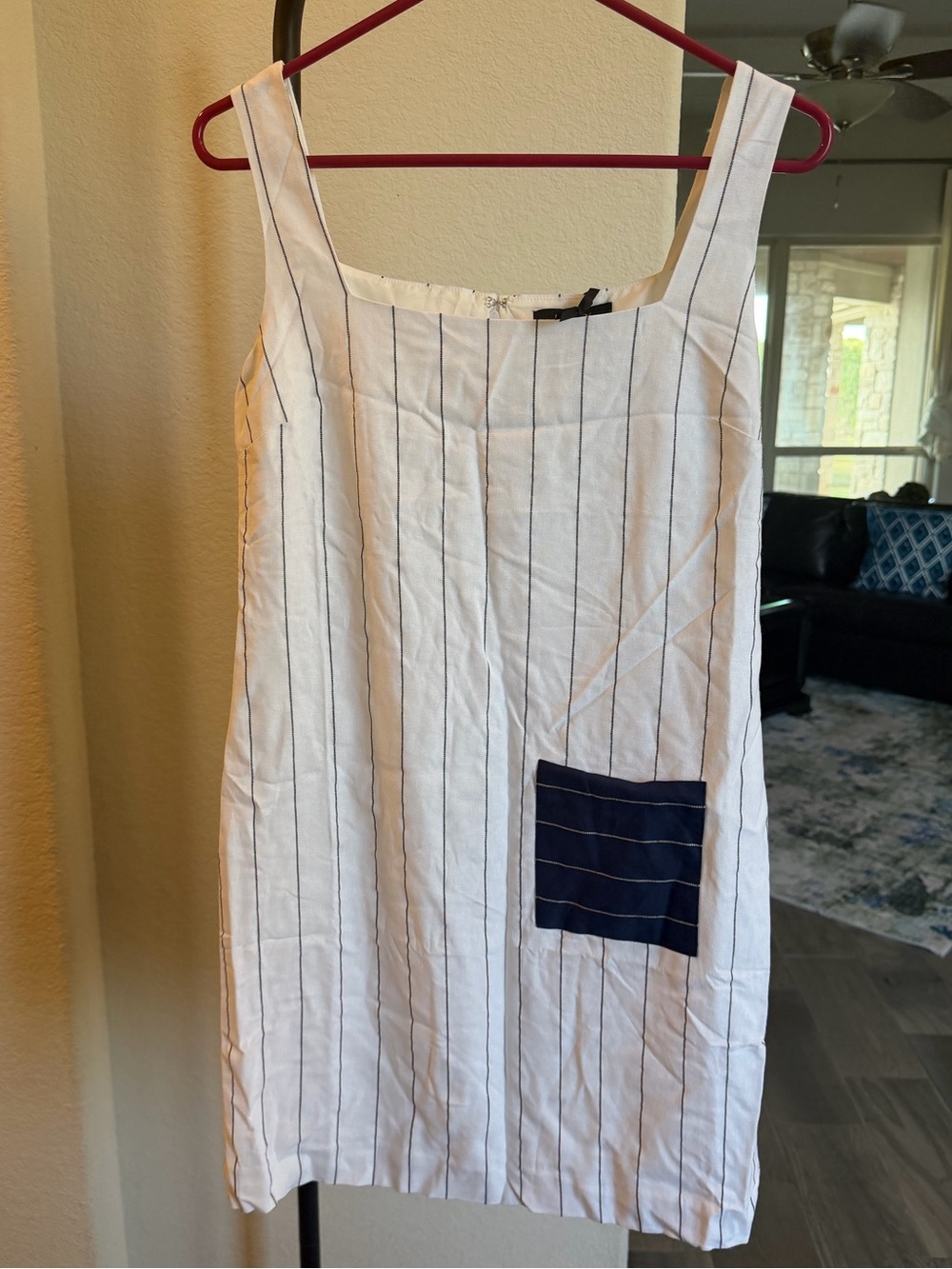 if only studio Square-Neck White Stripe Linen Mini Dress Navy Patch Pocket Sz 4